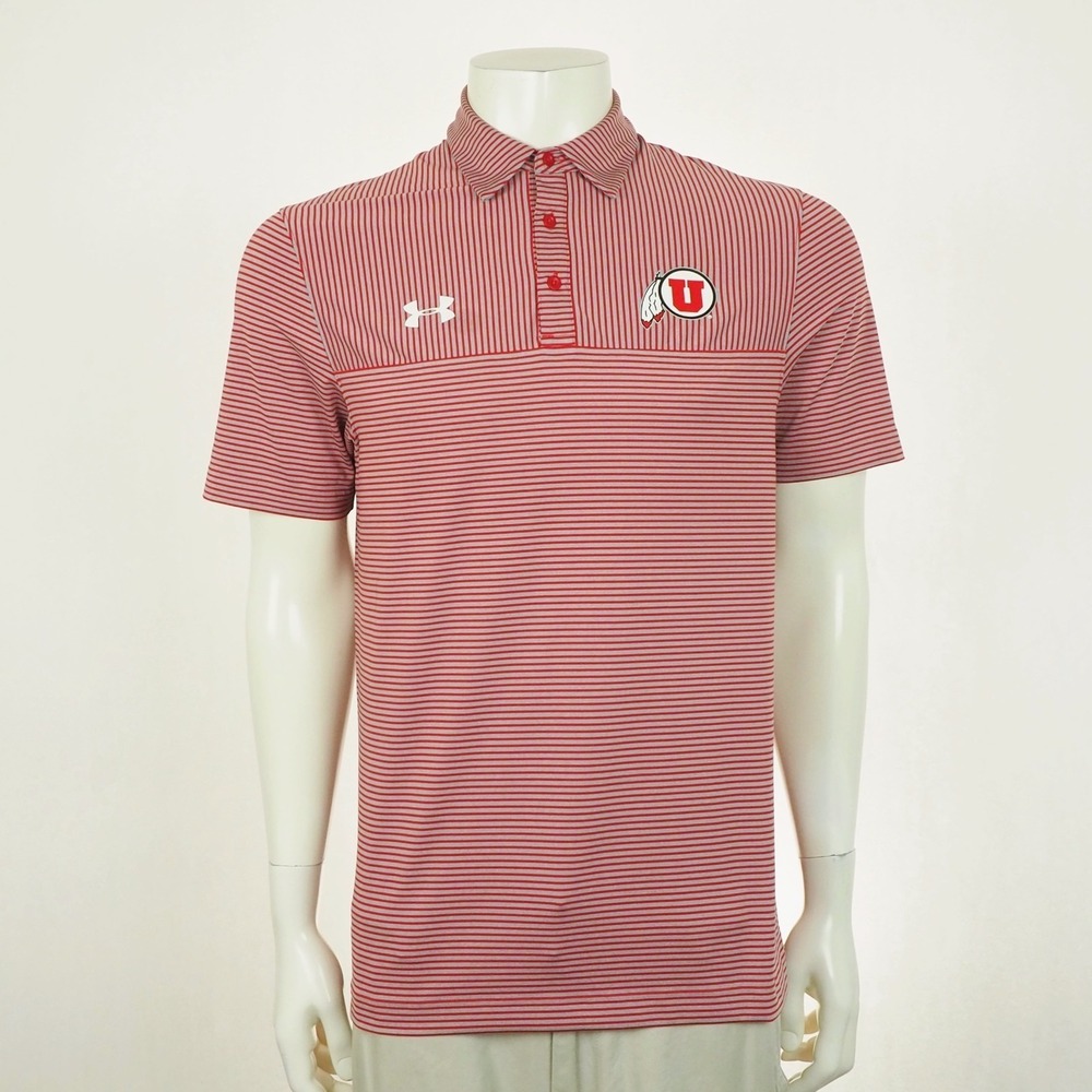 Under Armour UA Utah Utes Polo Shirt Mens Small Gray Red Striped Golf HeatGear